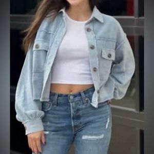 Z Supply Light Blue Denim Jacket and White Crop Top